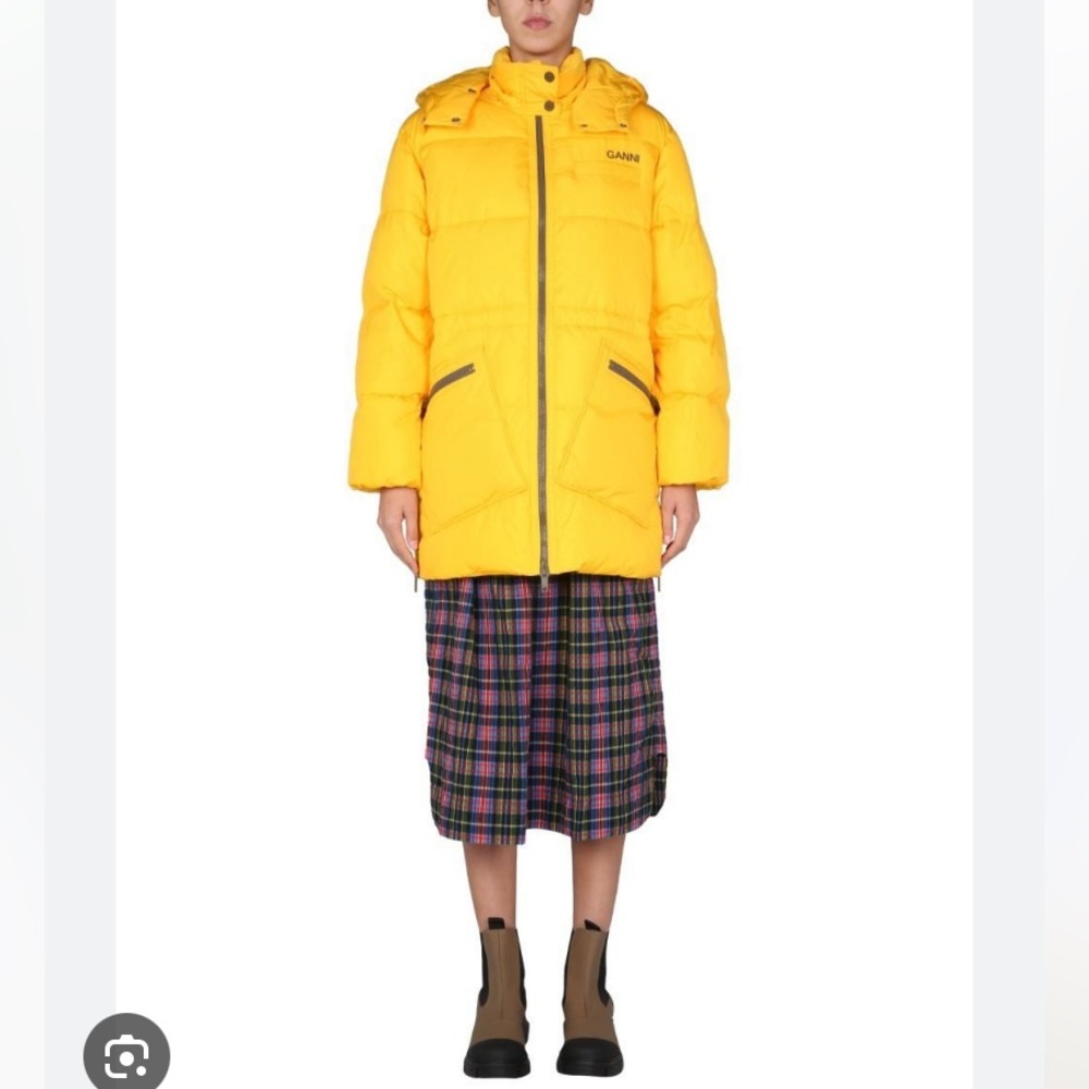 NEW Ganni Midi Down Bright Yellow Puffer Oversized Coat Jacket Size XXS XS 42”​